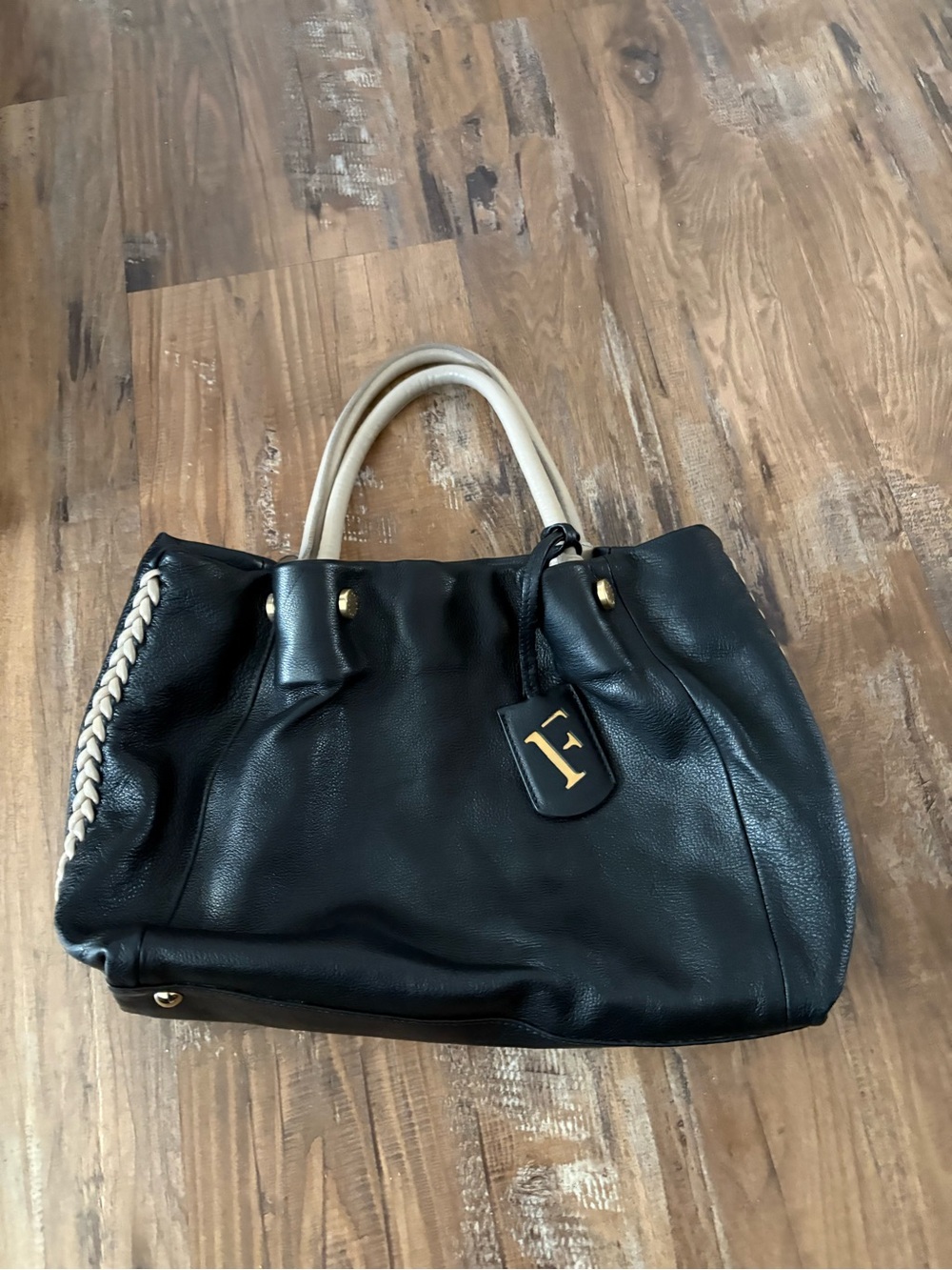 Furla Black Leather Shoulder Bag with Cream Handles